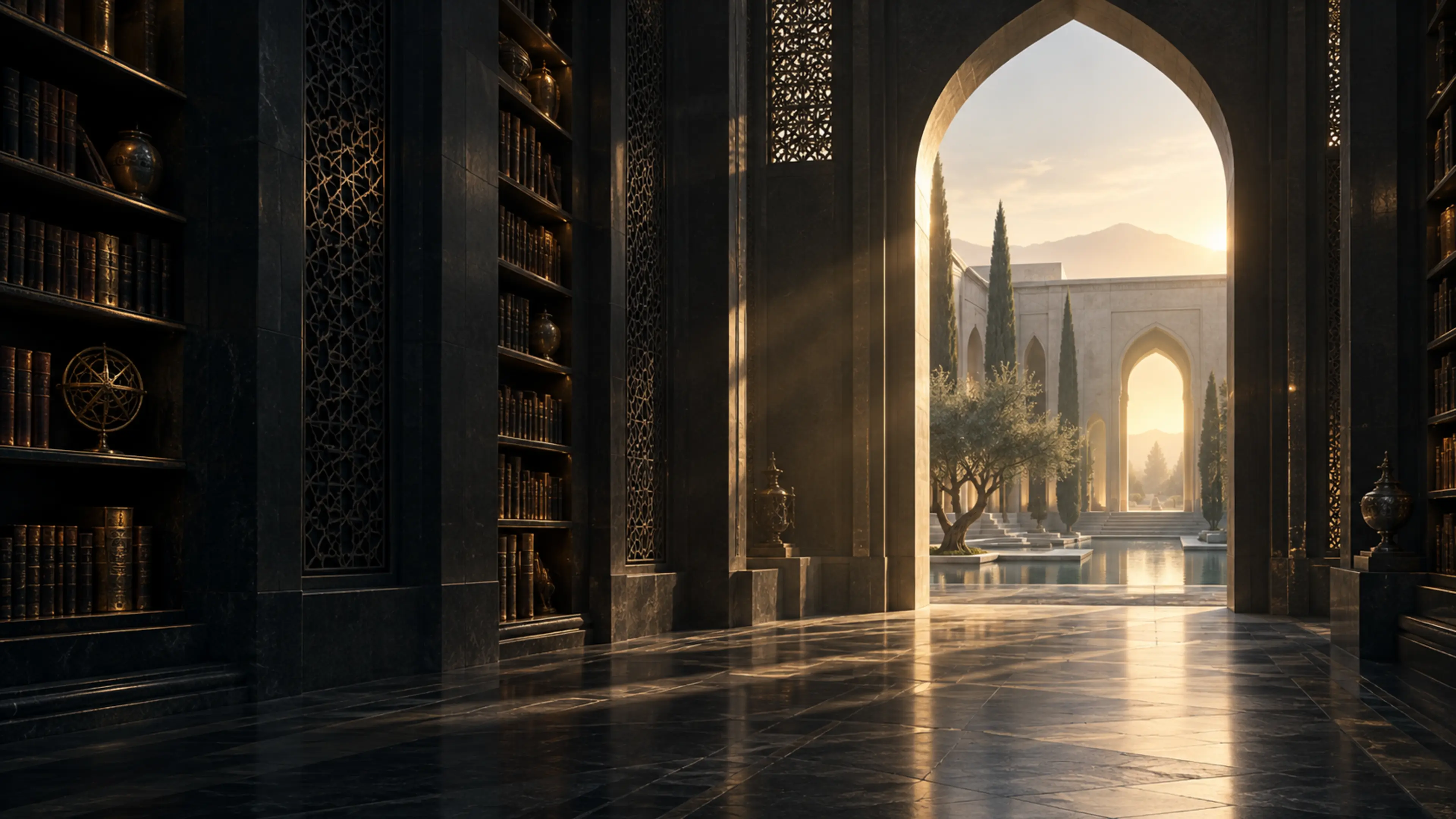 A dark stone library opening into a luminous courtyard
