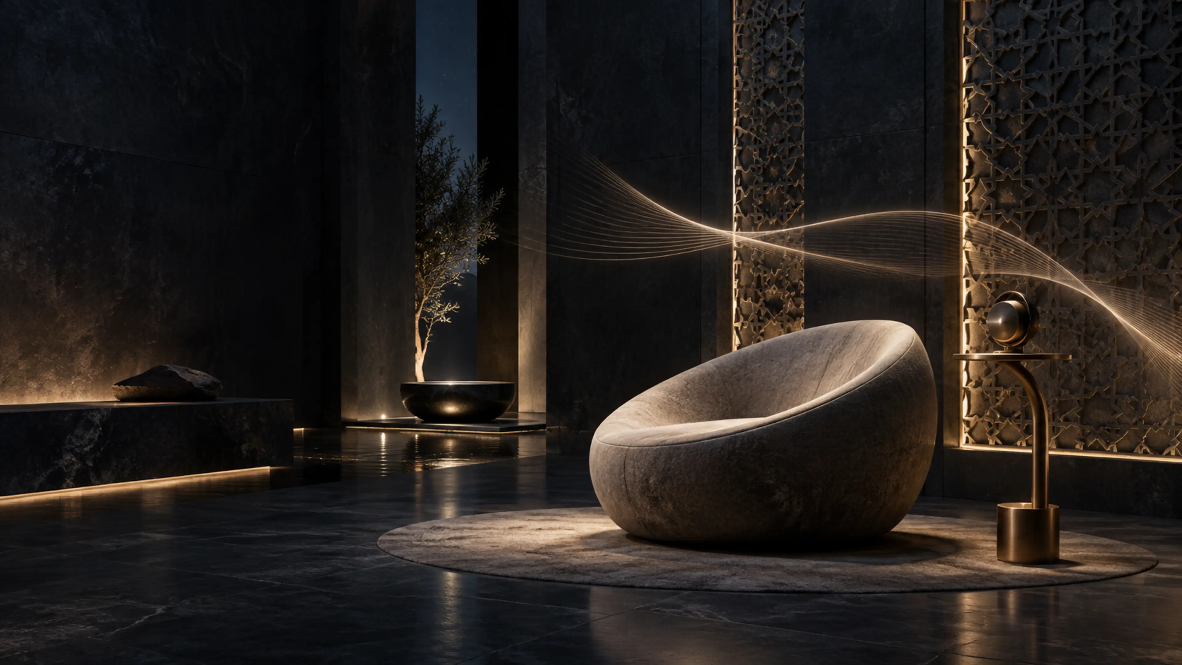 A dark architectural listening room with warm sculptural light